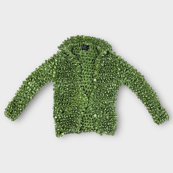 Magic Scarf Popcorn Shirt Lime Green Y2K Bubble Crinkle Button Front Cardigan OS - Picture 2 of 7